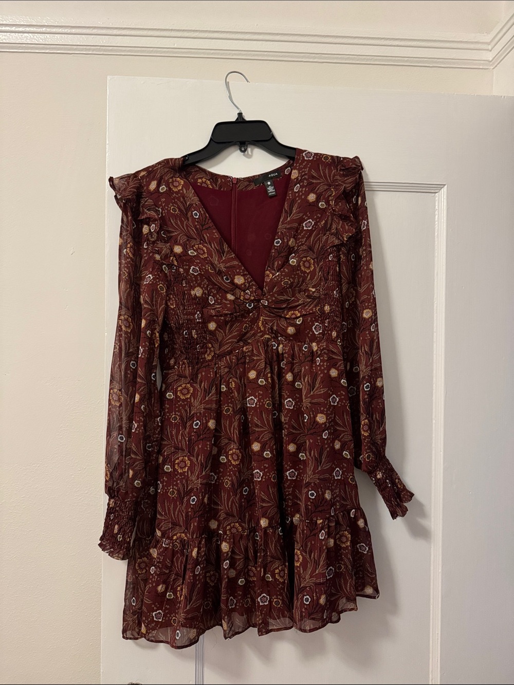 Aqua Burgundy Floral Long-Sleeve V-Neck Dress